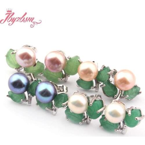 6mm Natural Round Freshwater Pearl Tibetan Silver Green Leaf Stu d Earrings 1 Pair Fashion Jewelry Women Mothers Day Gift