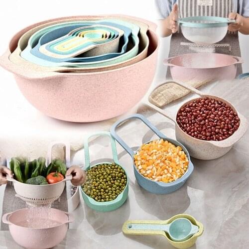10Pcs Wheat Stalk Rainbow Bowl Drain Basket Rice Sieve Salad Bowl Measuring Spoon Set Kitchen Accessories Fruit Baskets Tools