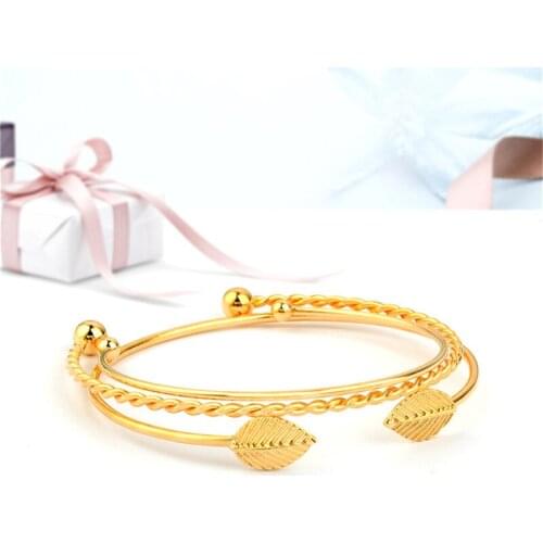 3PCs Simple Gold Leaf Twist Chain Bangles Bracelets For Women Vintage Fashion Open Bracelets Set Hand Wrist Jewelry