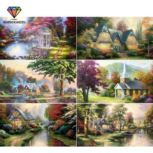 5D DIY Diamond Painting Rural Landscape Painting House Full Round Diamond Inlay Handmade Craft Set Home Decoration Gift HMA75