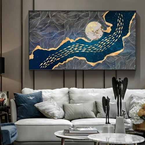 Abstract Modern Decor golden fish n moon Canvas Painting Poster And Print Wall Art Pictures For Living Room Bedroom Dinning Room