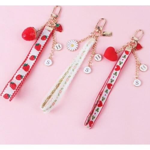 1PC Ribbon Strawberry Red Heart Keychain Keyring For Women Girl Jewelry Simulated Fruit Cute Car Key Holder Keyring Gifts