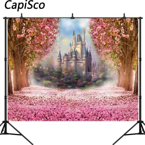Capisco Pink Flowers Spring Photography Backdrop Rainbow Fairy tale Castle baby shower Princess birthday party Photo Background