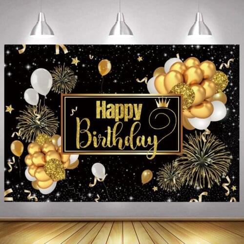 Black Gold Happy Birthday Party Photo Backdrop Balloon Star Firework Photography Background Shining Banner Photocall Gift Decor