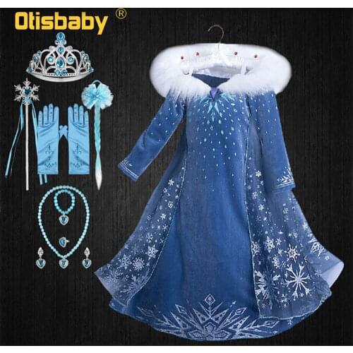 Children Cotton Long Sleeve Elsa Princess Dress Baby Girls Anna Velvet Dress with Snowflake Cloak Winter Blue Gowns for Party