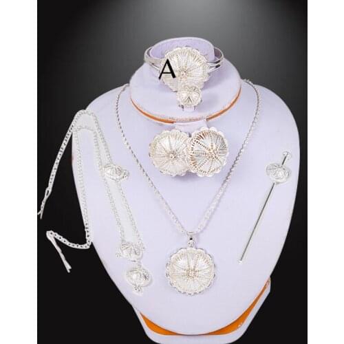 Ethiopian jewelry sets for Women hair chain necklace Clip ring hairpin Silver bracelet Set African wedding gifts