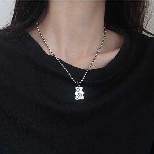 Kopo Cute Bear Pendent Necklace for women Girls Vintage Punk Flower Bear Necklace Metal Bead Chain Collar fashion Trendy Jewelry