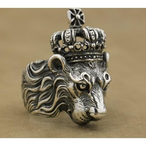 Crown Lion King Handmade 925 Sterling Silver Mens Biker Rock Punk Ring TA75 US Size 7~15