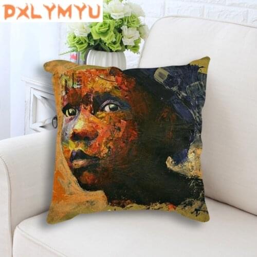 Square Pillow Sofa Waist Throw Pillow African Children Hand Printed Linen Cushion Decorative Cushion for Sofa Home Decor