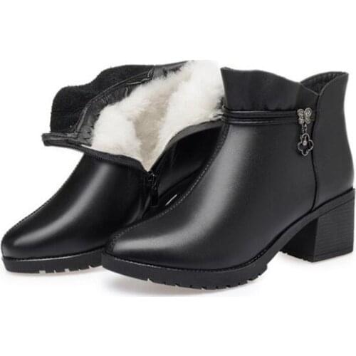 2019 Autumn Winter New Genuine Leather Shoes Women Boots Plus Size High Heels Warm Snow Boots Women Shoes Fur One Wool Boots