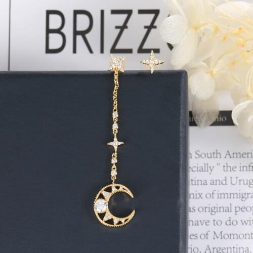 Fashion Asymmetric Moon Star Zircon Earrings Gold Color Accessories Aretes De Mujer Bijoux Femme 2020 Zk30