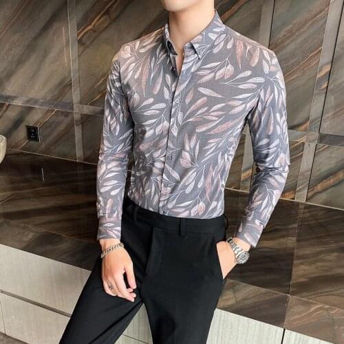 Mens Shirt Korean Leaf Long Sleeve Slim Print Business Casual Gray The Office A Formal Occasions The New Listing Fashion