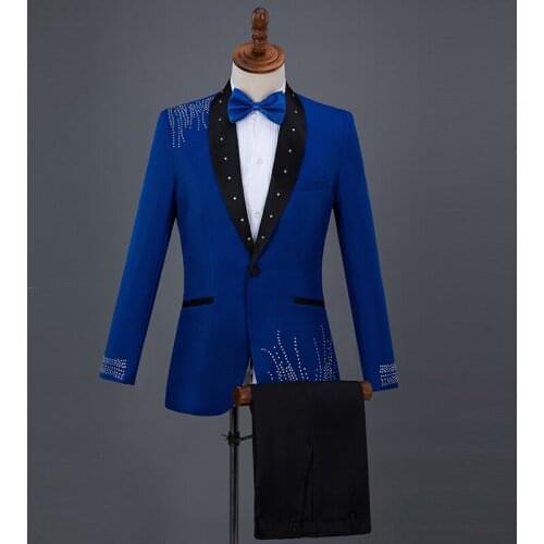 2019 Men Sequin Suits Royal Blue New Slim Jacket Pants Bow Tie Groom Wedding White Suits Celebration Emcee Stage Costume VDB867