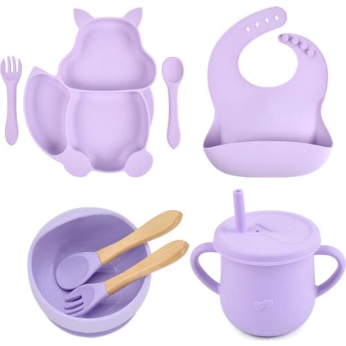 8PCS/Set Baby Plate Bowl Bib Cup Set Food Grade Silicone Kitchenware Suction Childrens Tableware Compartment Dishes BPA Free