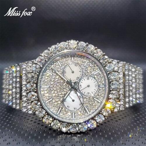 MISSFOX Ice Out Silver Color Diamond Watch Brand Famous Chronograph Luxury Watches For Men High Quality Geneva Wholesale Items