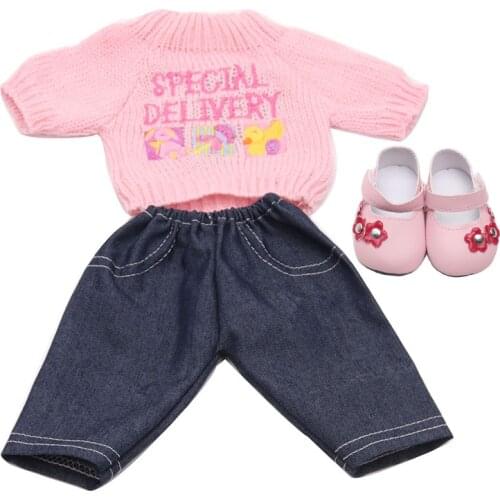 18 inch Girls doll clothes Pink sweater casual suit with shoes American new born dress Baby toys fit 43 cm baby dolls c46