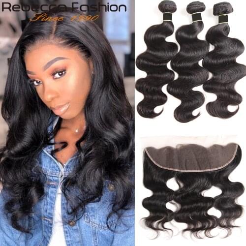 Rebecca Peruvianx Body Wave Bundles with Frontal 3 / 4 Bundles with Frontal Closure Natural Human Hair Weaving with LaceFrontal