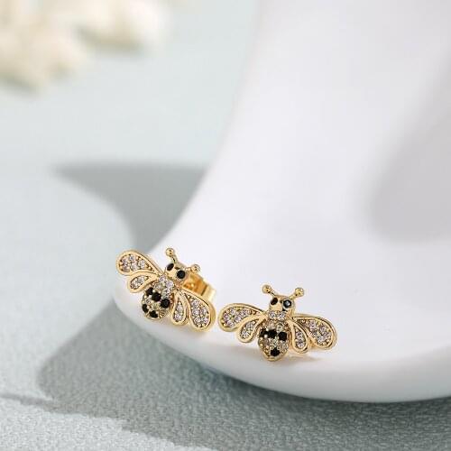 1Pair Fashion Black and White Zircon Stone Small Honey Bee Earrings for Women Tiny Gold Insect Piercing Studs Statement Jewelry