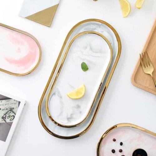 Nordic Marbled Oval Plate Ceramic Jewelry Storage Organizer Porcelain Trinket Dish Home Kitchen Accessories Storage Plates