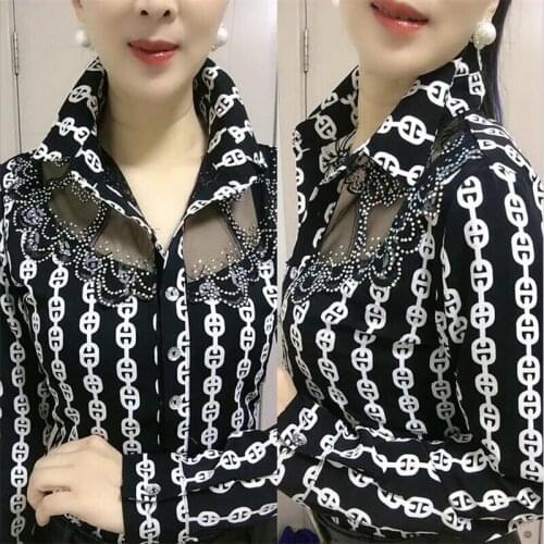 Long Sleeve Top Female Blouze Women Blouses Mesh Hot Drill Retro printing Floral Bottoming Shirt Business Offce Ladies Shirts