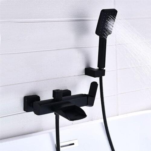 Tuqiu Black Bathtub Shower Set Wall Mounted Waterfall Bathtub Faucet, Bathroom Cold & Hot Bath and Shower Mixer Taps Brass
