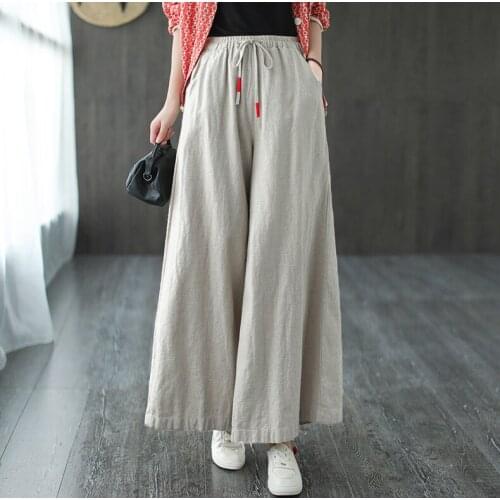 Women Elastic Waist Wide Leg Pants Ladies Summer Autumn Cotton Linen Trousers Female 2020 Solid Color Cotton Flax Pants