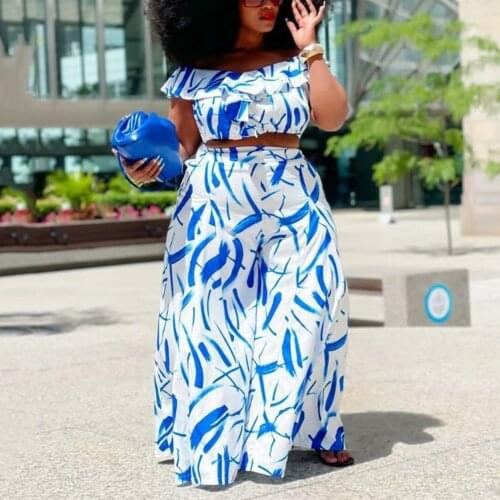 2 Pieces Wide Leg Pants Womens Blue Geometric Printed Crop Tops & Loose High Waisted Floor Length Fashion Outfits Matching Sets