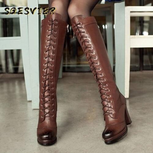 SGESVIER 2020 European Style knee high boots women round toe genuine leather shoes cross tied high heel platform boots woman