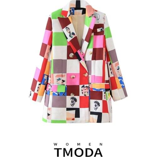 TMODA450 2021 Spring Autumn Women Plaid Blazer Jacket Double Breasted Lapel Fashion Print Suit Streetwear Loose Womens Chic Coat