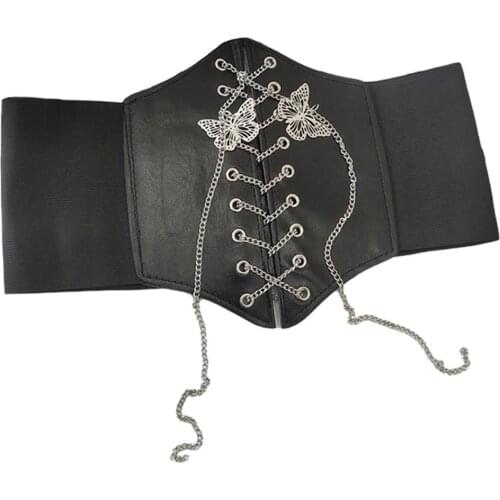 Gothic Butterfly Chain Corset Women Elastic Wide Pu Leather Slimming Body Belts High Waist Belts Underbust Waist Corsets
