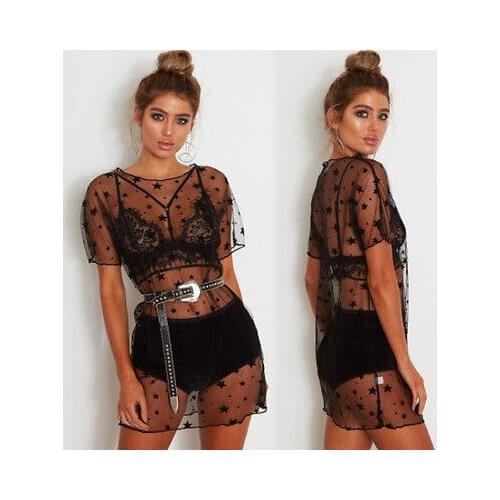 Women Ladies Swimwear Beachwear Beach Wear Black Mesh See-through Shirt Short Sleeve T-Shirts Round Neck