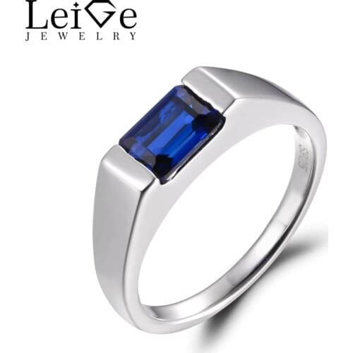LeiGe Jewelry Solitaire Rings Blue Sapphire Promise Rings September Birthstone Emerald Cut Blue Gems Rings 925 Sterling Silver