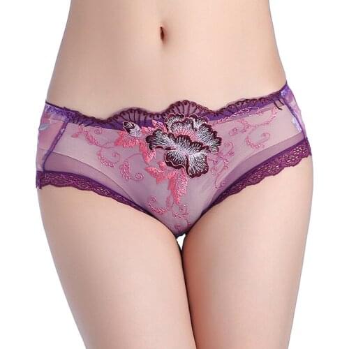 Rose Lace Embroidery Flowers Net Yarn Thin Womens Underwear Hollow Low Waist Sexy Chinese Style Breathable Female Panties A33