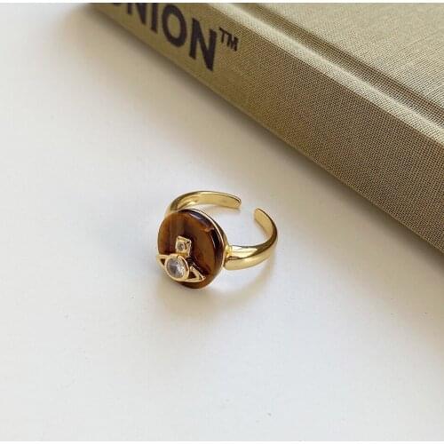 YouLin Vintage Coffee Round Stone Ring for Women Ladies Planet 925 Sterling Silver Opened Finger Rings Statement Jewelry