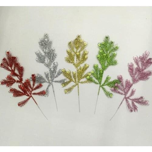 20pcs 36cm Artificial Glitter Peacock Leaf Branch For Flower Arrangement Wedding Christmas Tree Party Home Garden Decoration