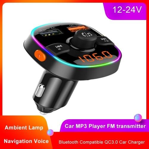 Car MP3 Player Bluetooth Compatible FM Transmitter+7-Color Ambient Light Fast Chagring QC3.0 Car Charger Navigation Aux Player