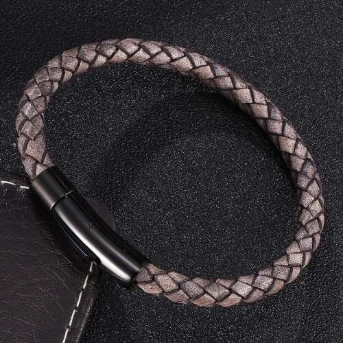 Vintage Grey Braided Leather Bracelet Men Women Stainless Steel Snaps Fashion Unisex Woven Bangles Retro Wrist Band Gifts ST0461