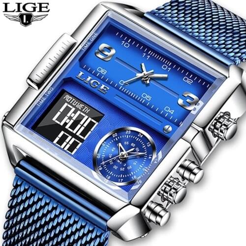 LIGE Men Electronic Watch Fashion Steel Sport Digital Wrist Watches Luxury Waterproof Blue Quartz Clocks Relogio Masculino+Box