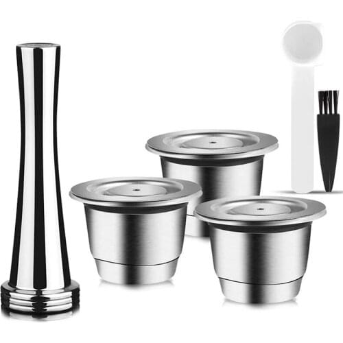 Capsules Reusable, Stainless Steel, 3 Pieces Refillable Pads for Nespresso + 1 Tamper + 1 Spoon + 1 Brush