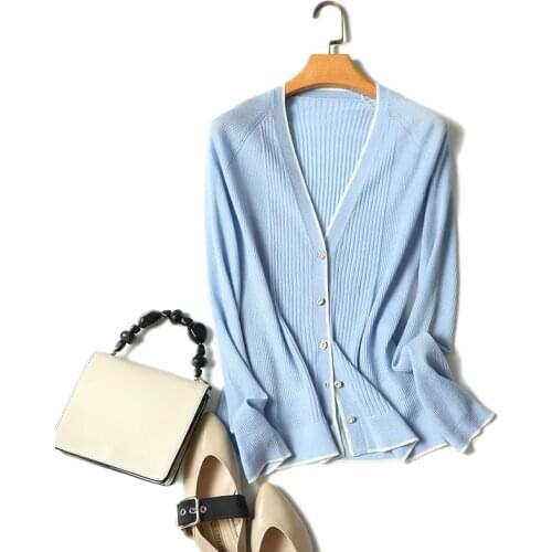 Ribbed knit solid color v neck cardigan female spring fashion elegant outerwear 100% cashmere cardigan