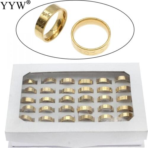 36pcs/Box Classic Stainless Steel Finger Ring Gold Color Plated 7-12 US Size Women Mens Wedding Bands Rings Sets Party Jewelry