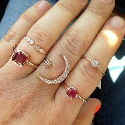 5 Pcs/Set Fashion Gold Red Crystal Moon Star Rings Set Sweet Rings for Women Charm Party Jewelry Accessories