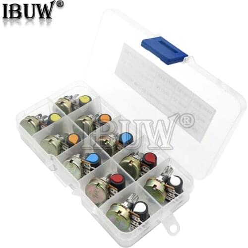 WH148 Potentiometer Kit B1K 2K 5K 10K 20K 50K 100K 500K 1M 15mm Linear Taper Rotary Potentiometer Resistor Set 3pin With Cap