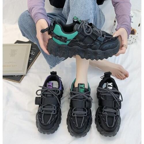Fashion Women Sneakers Buckle Chunky Breathable Mesh Thick Sole Platform Casual Sneakers Woman Lace Up Mix Color Running Shoes