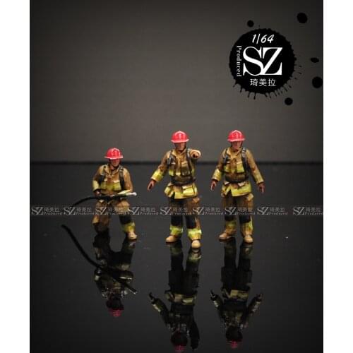 New 1/64 Scale Resin Die-casting Firefighter Trio Doll Car Scene Model Scene Layout Collection Decoration Toy