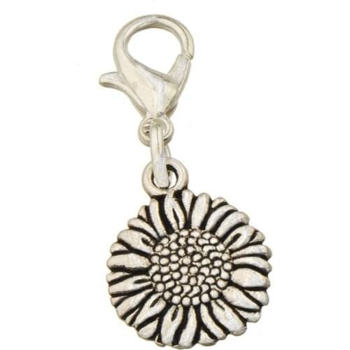 DIY Charms Dangles Keychains Handwork Pendant Sun Flower Flat Metal With Hook Silver Plated 32mm Fashion Jewelry Parts 35pcs/lot