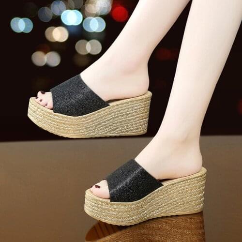 Women Sandals Sequin Slippers Wedges Super High Heel Shoes Fashion Casual Female Non-Slip Casual Summer Soft Beach Slippers
