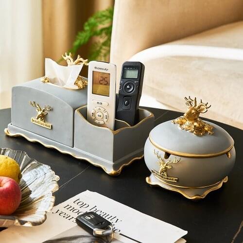 Nordic Home Decoration Resin Ashtray Tissue Boxes Multi-function Storage Boxes Golden Deer Head Model Desktop Decoration Gifts