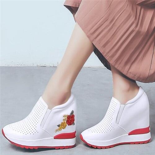 Embroider Fashion Sneakers Women Cow Leather Platform Wedges High Heel Gladiator Sandals Female Breathable Round Toe Pumps Shoes