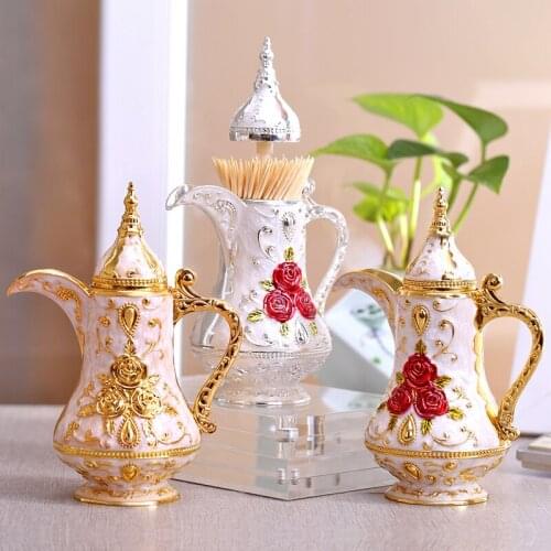 VINTAGE FLOWER CASTLE CARVED AUTOMATIC TOOTHPICK HOLDER TEAPOT SHAPE METAL TOOTHPICK DISPENSER ORGANIZER ART CRAFT HOME DECOR